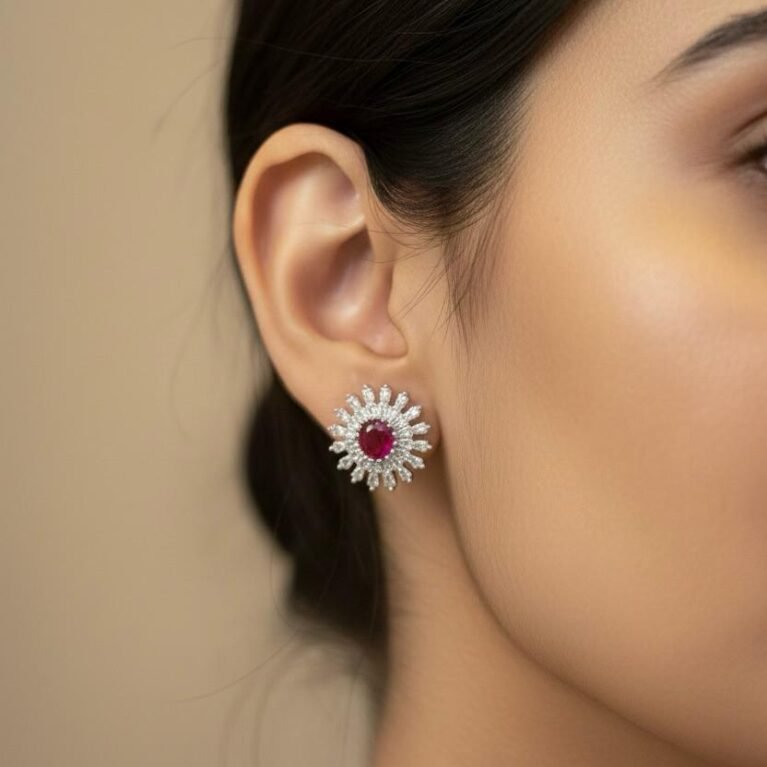 American Diamond Ruby Stone Silver Plated Earrings for Women | Party Wear AD Tops