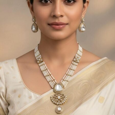 Antique Polish Long Necklace Set with White Pearl Work