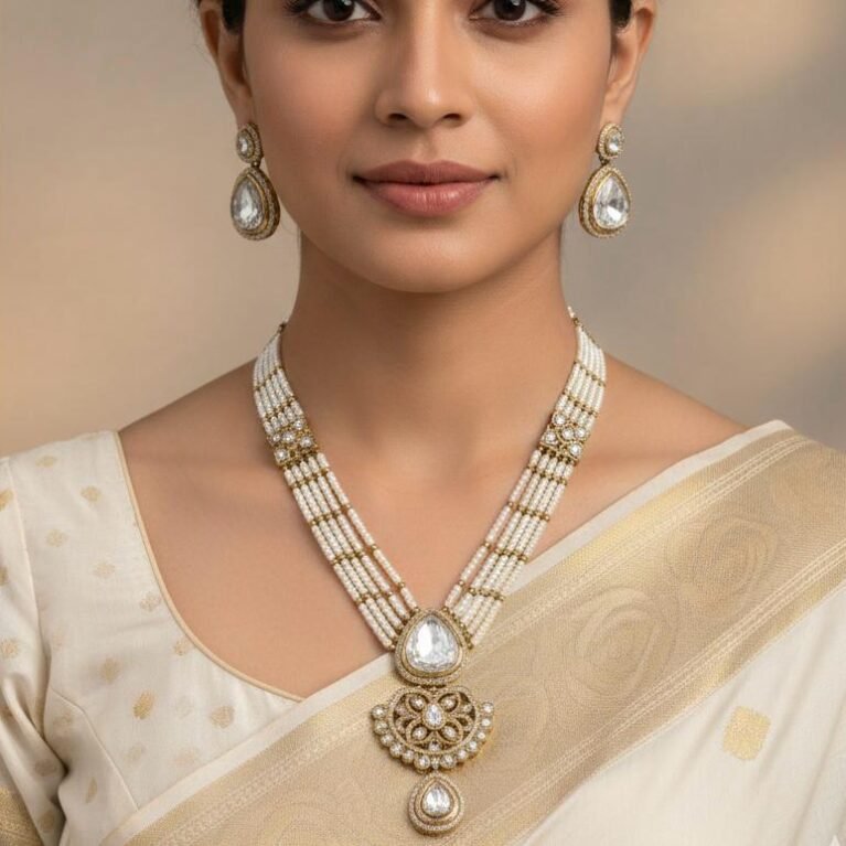 Antique Polish Long Necklace Set with White Pearl Work