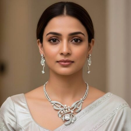 American Diamond & Pearl Work Silver Plated Necklace Jewellery Set ✨️