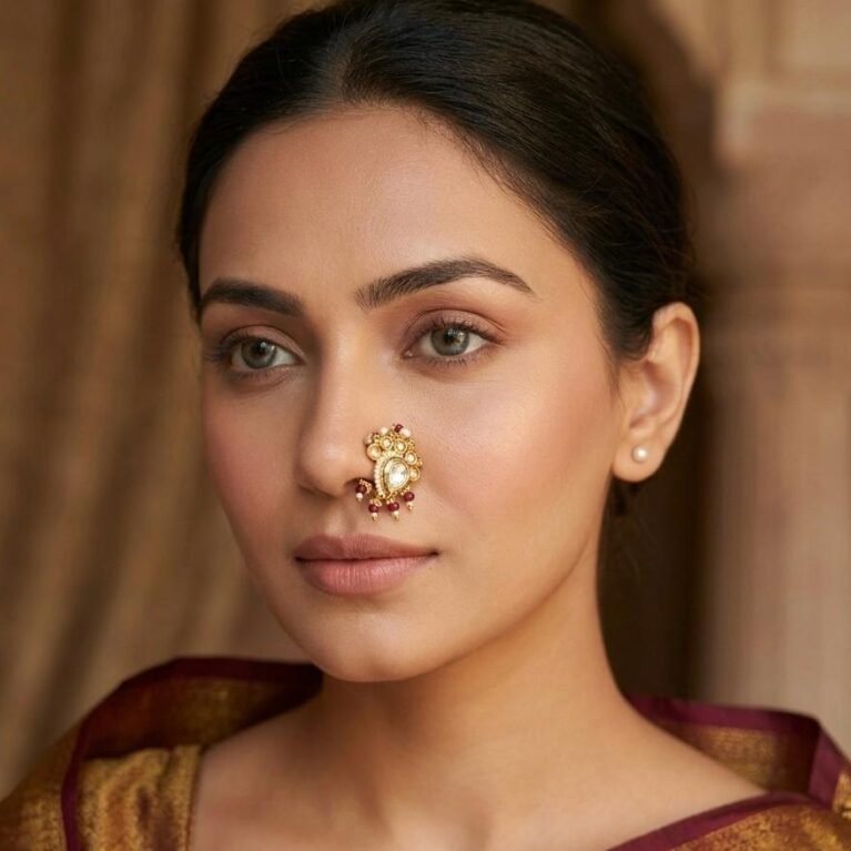 Mehroon Kundan Pearl Marathi Nath