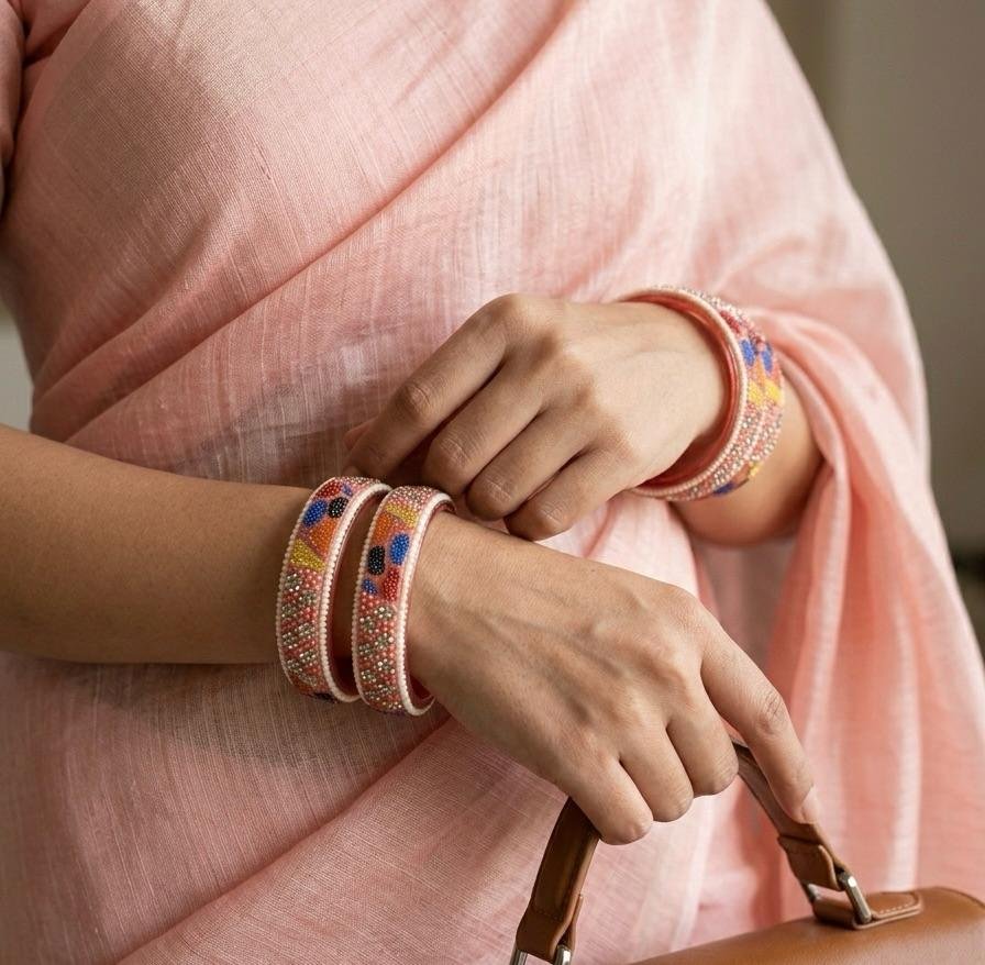 Peach Multi Work Glass Bangles