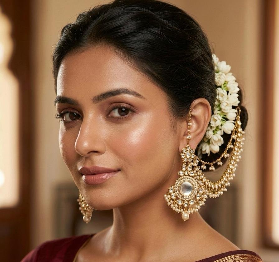 Gold Plated Bahubali Style Earrings with Ear Chains