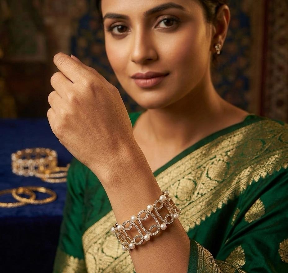 Zeyra Gold Plated Pearl & American Diamond Statement Cuff