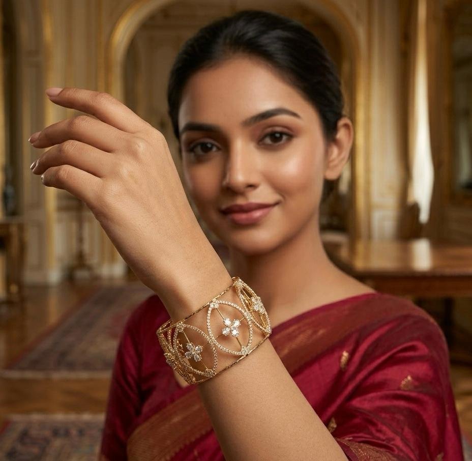 Zeyra Gold Plated Geometric Floral American Diamond Statement Cuff