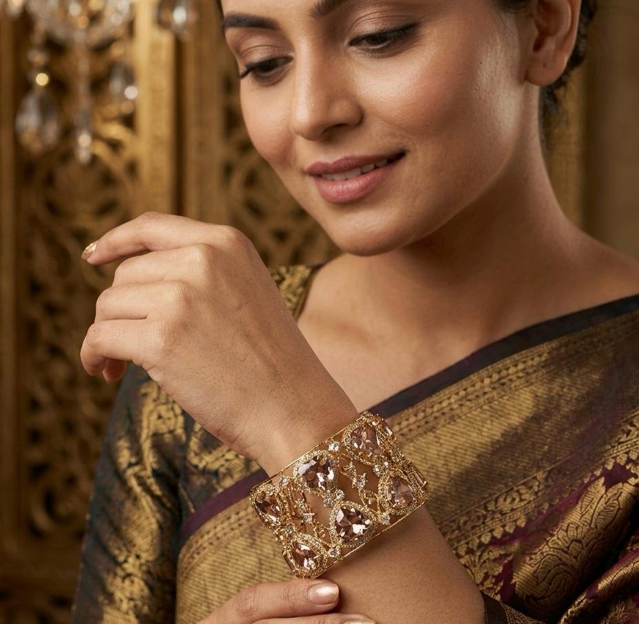 Zeyra Royal Lavender & American Diamond Gold Plated Statement Cuff