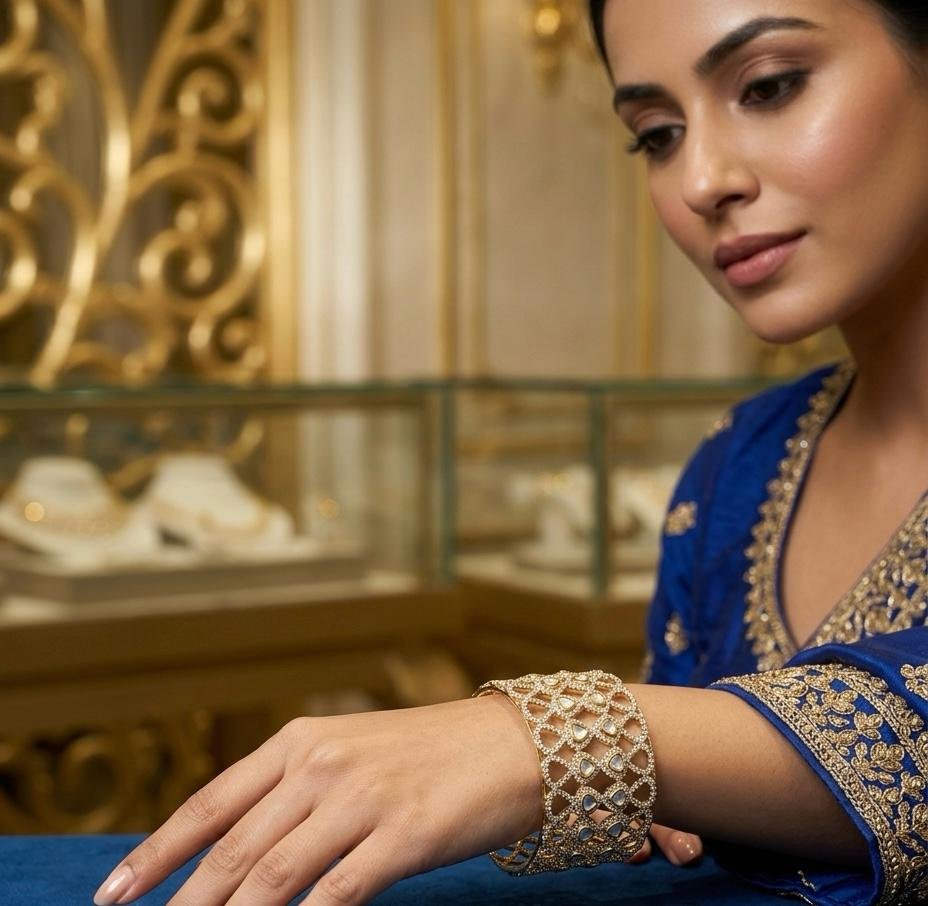 Zeyra Gold Plated Kundan & American Diamond Statement Lattice Cuff