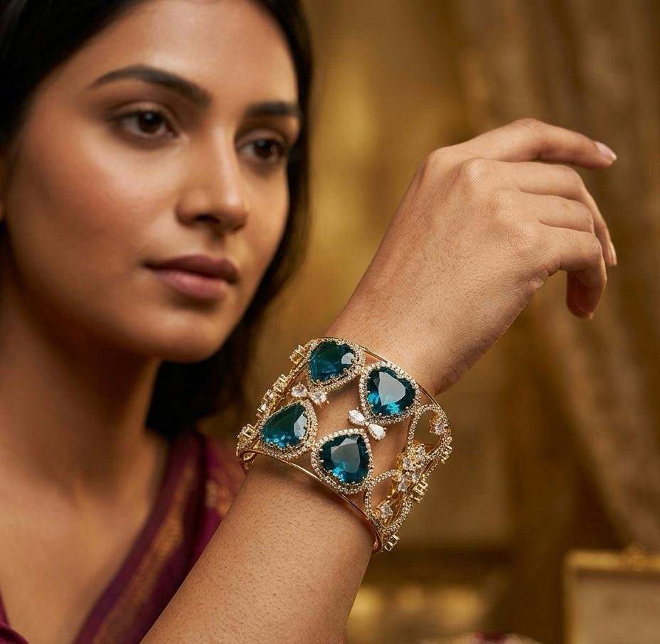 Zeyra Radium Blue & American Diamond Gold Plated Statement Cuff