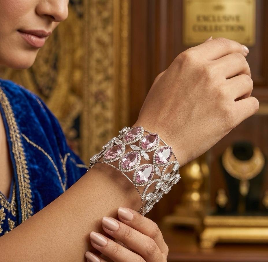 Zeyra Rose Pink & American Diamond Silver Plated Statement Cuff