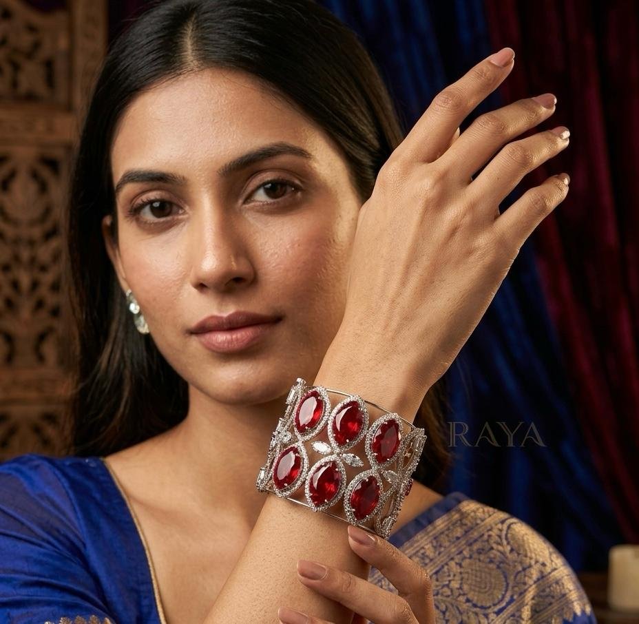 Zeyra Ruby Red & American Diamond Silver Plated Statement Cuf