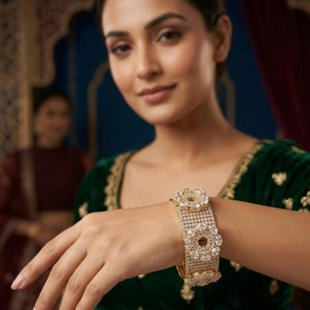 Zeyra Gold Plated Dual Floral American Diamond Statement Cuff