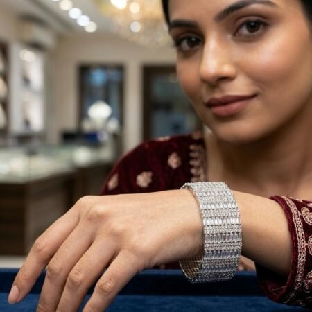 Zeyra Silver Plated Baguette & Round American Diamond Statement Cuff