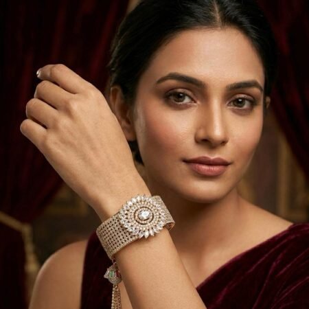 Zeyra Gold Plated American Diamond Floral Statement Cuff with Pearl Drop – Adjustable